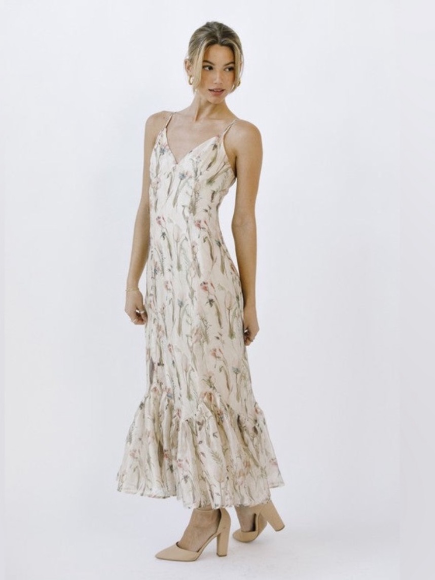 Storia Picking Petals Tulip Print Fishtail Maxi Dress Cream Blush Pink Green S